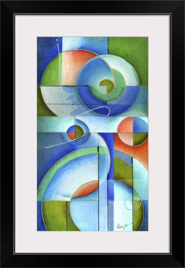 Vertical abstract painting of vibrant colored shapes in circles and triangles.