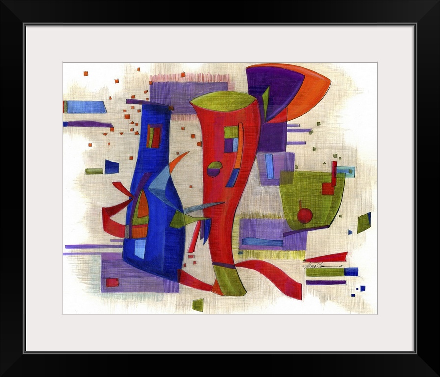 Horizontal abstract painting of vibrant colored shapes in circles and rectangles.