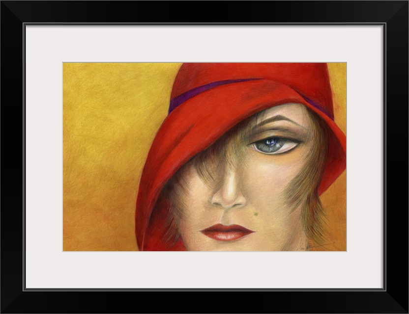 A horizontal contemporary painting of a female in a red hat.