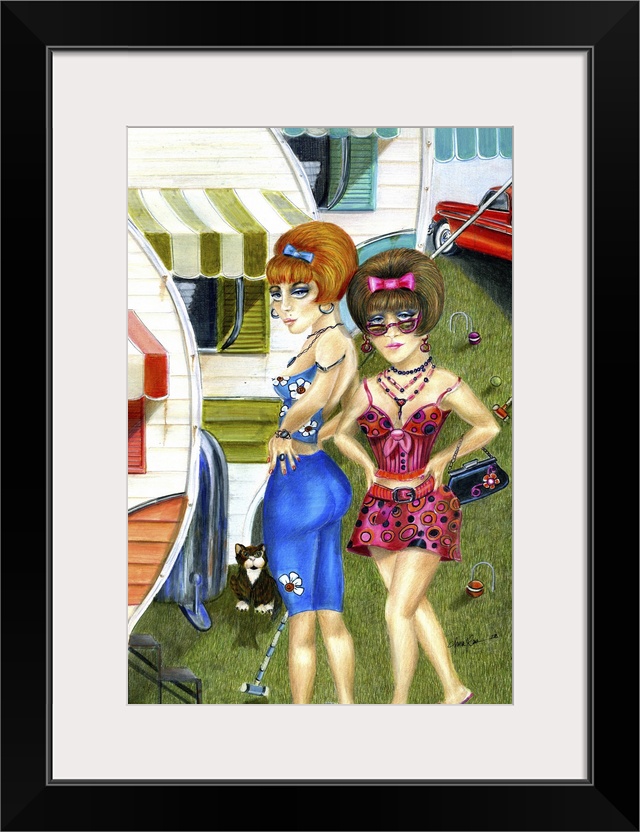 Contemporary painting of two woman standing in front of a trailer with a cat.