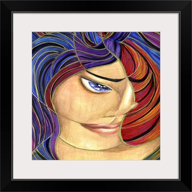 Contemporary artwork in the style of cubism of a female portrait in bold colors.