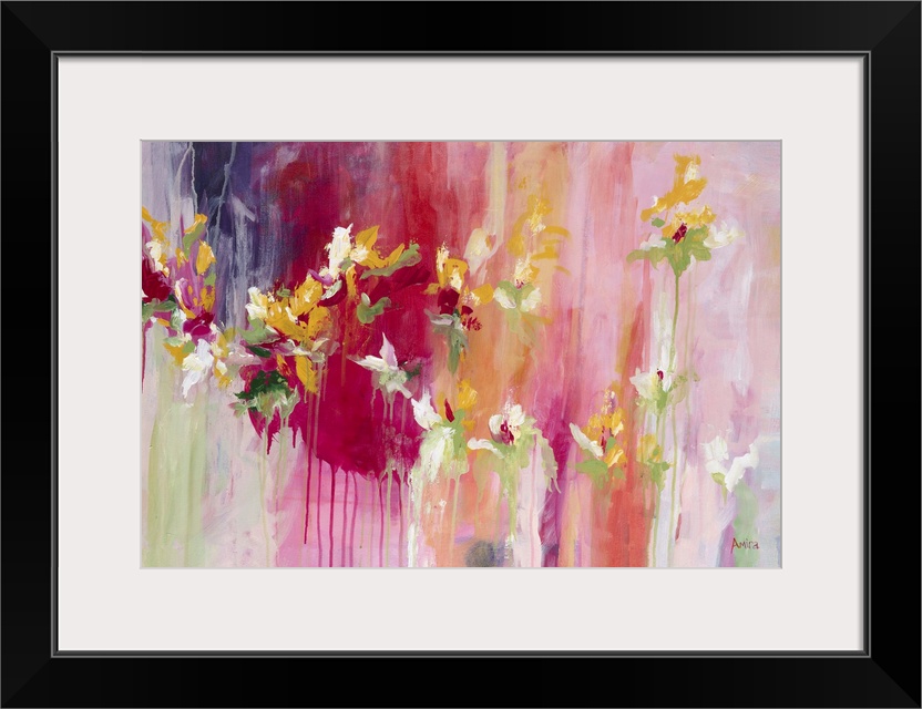 Contemporary abstract artwork in shades of red and pink with blooming flowers.