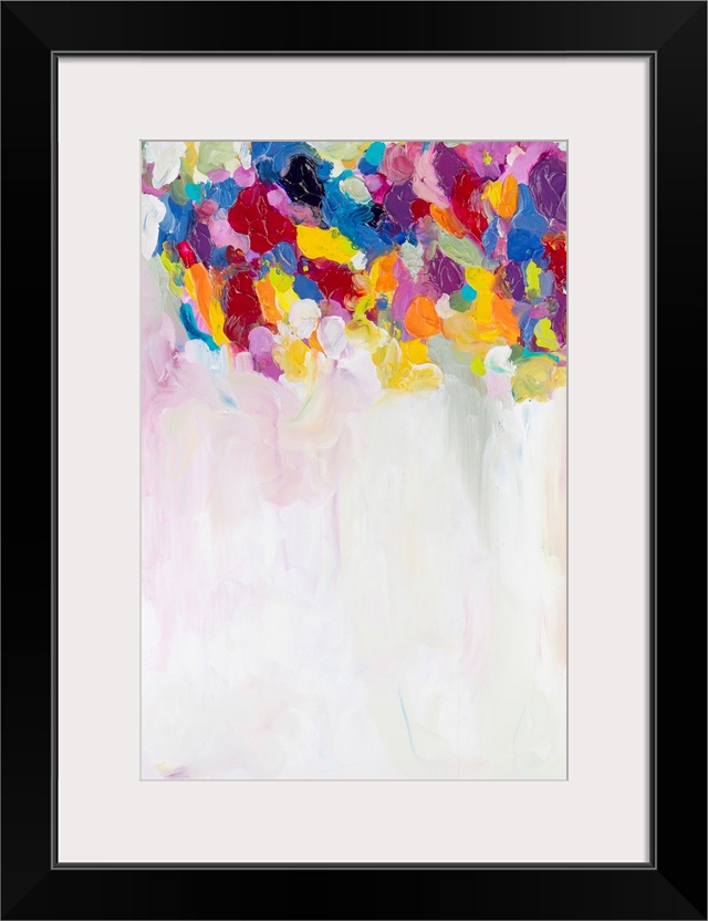 Contemporary abstract painting with colorful spots at the top over a large white area.