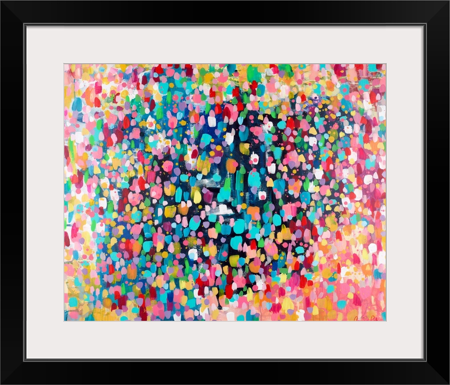 Contemporary abstract painting of vivid multicolored spots, resembling confetti.