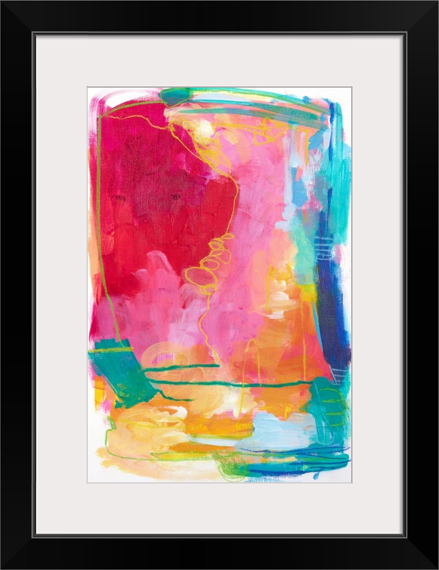 Contemporary abstract artwork in bright red, pink, and teal shades.