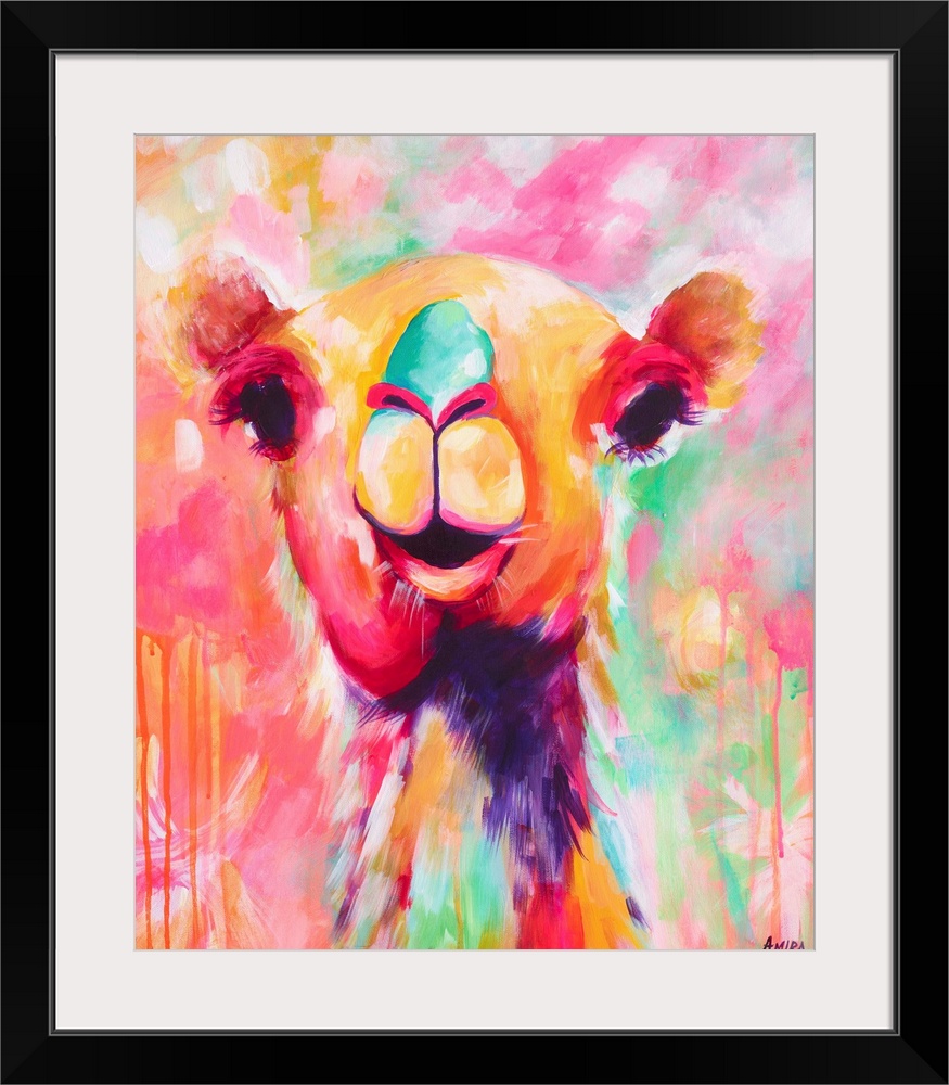 Portrait of a camel in bright, tropical colors.