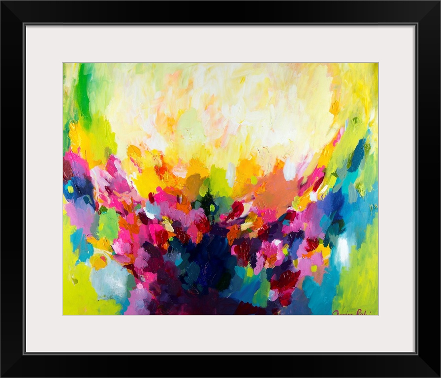 Contemporary abstract painting in bright shades of pink, orange, green, and blue.