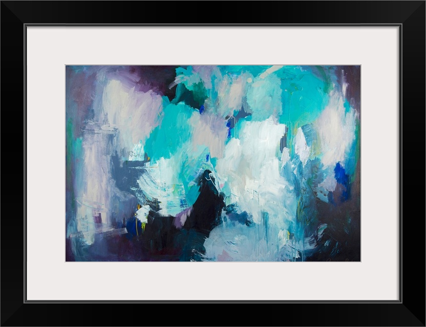 Contemporary abstract painting in shades of turquoise, lavender, and white.