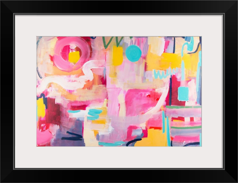 Contemporary artwork in pink, yellow, and turquoise.