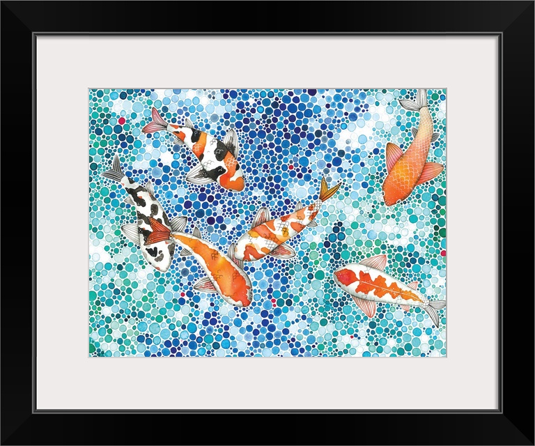 Contemporary painting of six koi fish seen from above in a stylized pond made up of tiny circles.