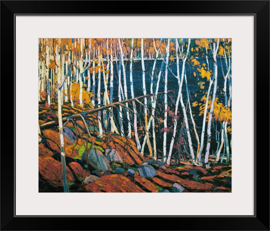 A painting made on canvas of thin trees with rocks on the ground surrounding a lake.