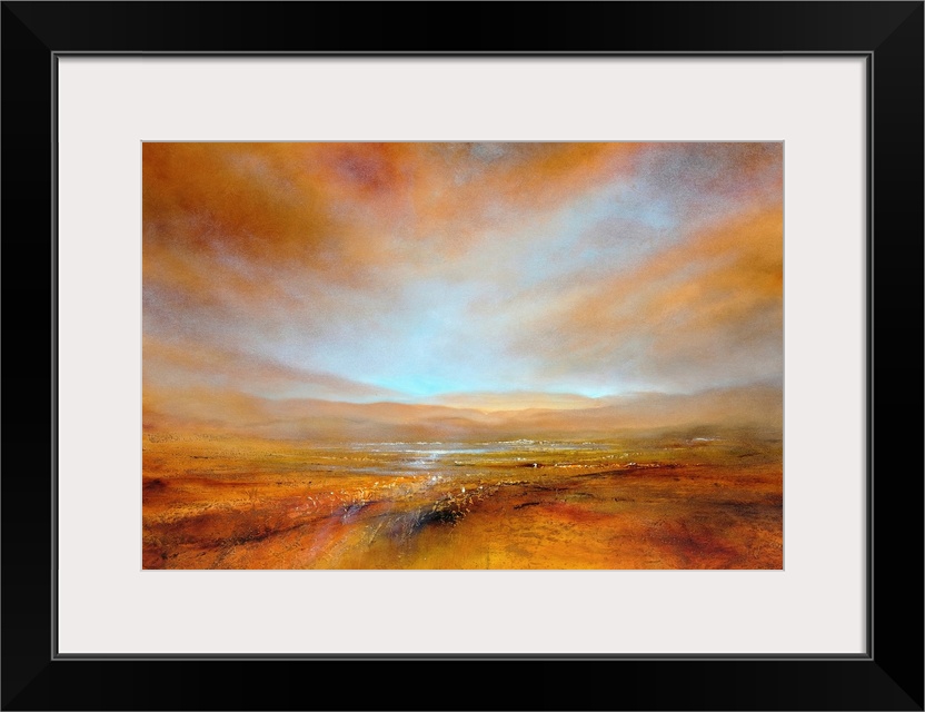 Abstract painted landscape with vivid structures. Wide horizon, clouds, bright light,  intense blue, orange and red, golde...