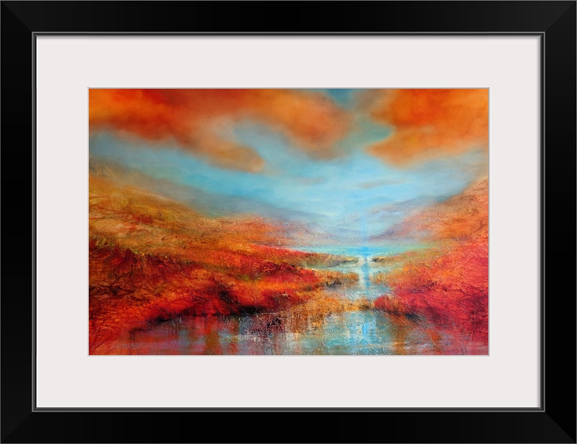Abstract painted landscape with vivid structures. Wide horizon, clouds, bright light, a river with coastlines that are ref...