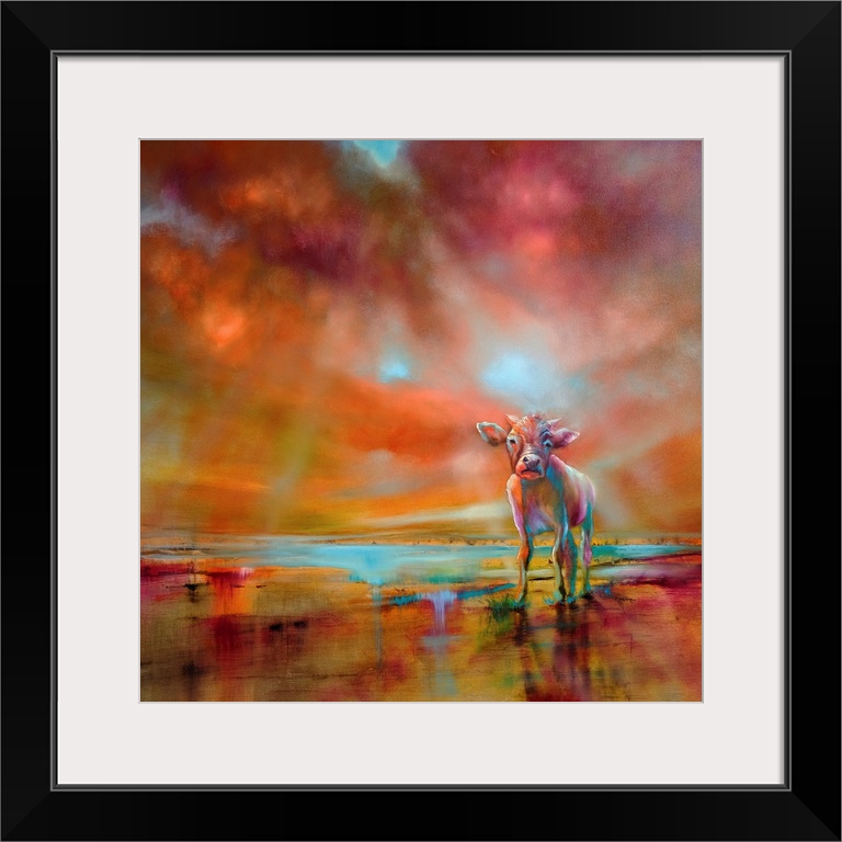 Abstract painted landscape with vivid structures and a colorful painted cow. Wide horizon, clouds, bright light, a river w...