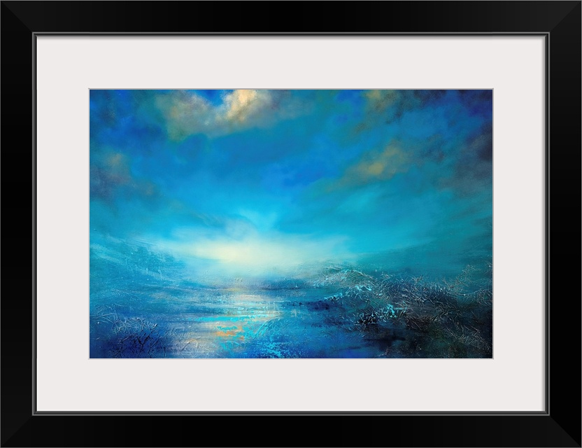 Abstract painted landscape with vivid structures. Wide horizon, clouds, bright light, a river with coastlines and rocks th...