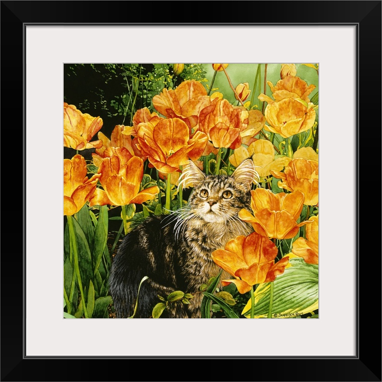 A vibrant image of a kitten sitting among colorful orange and yellow flowers.