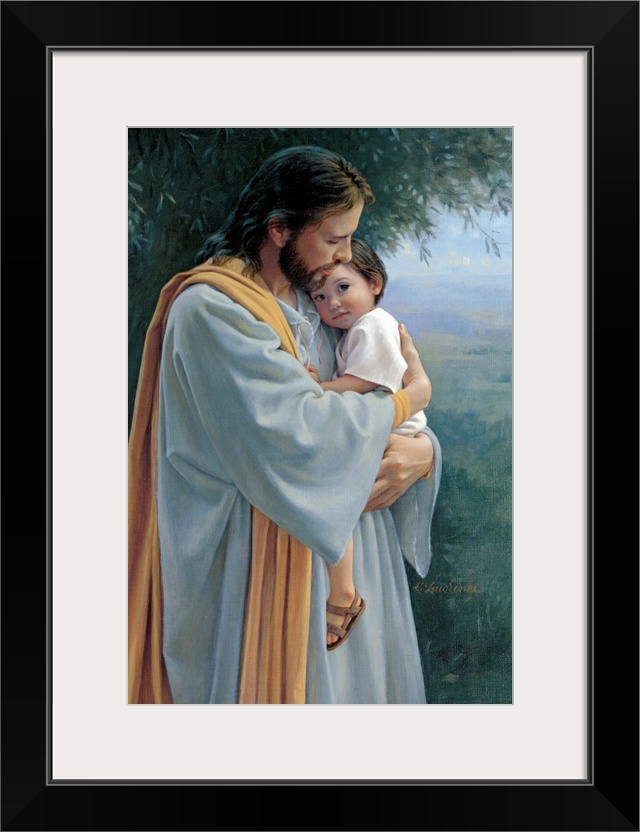 Painting of Jesus holding a small child in his arms.