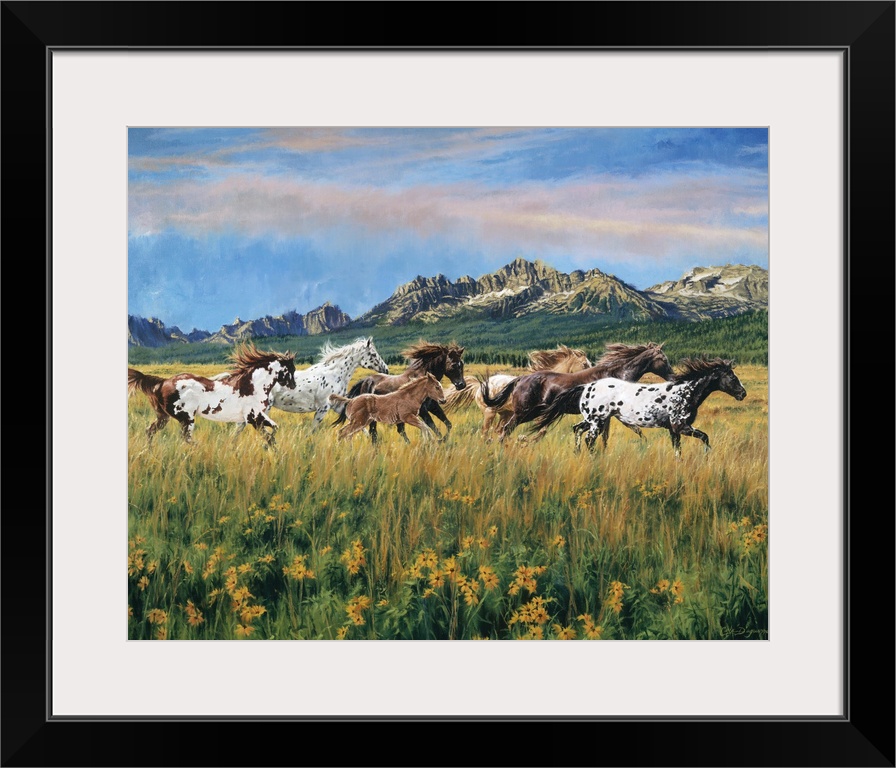 Painting of wild horses running through a meadow of flowers and tall grass with mountains in the distance under a cloudy sky.