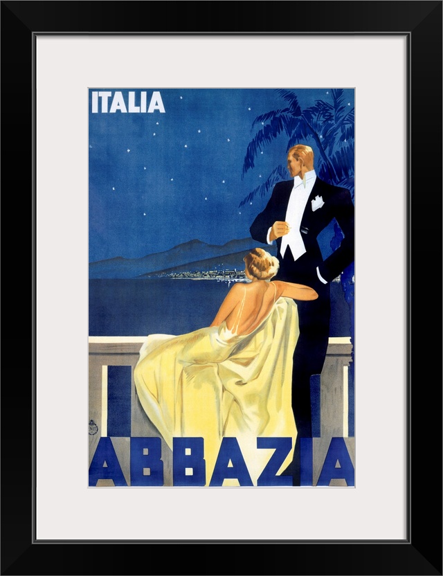 Antique advertising poster showcasing hotel in Venice.  A woman dressed in an evening gown and a man in a tuxedo are stand...