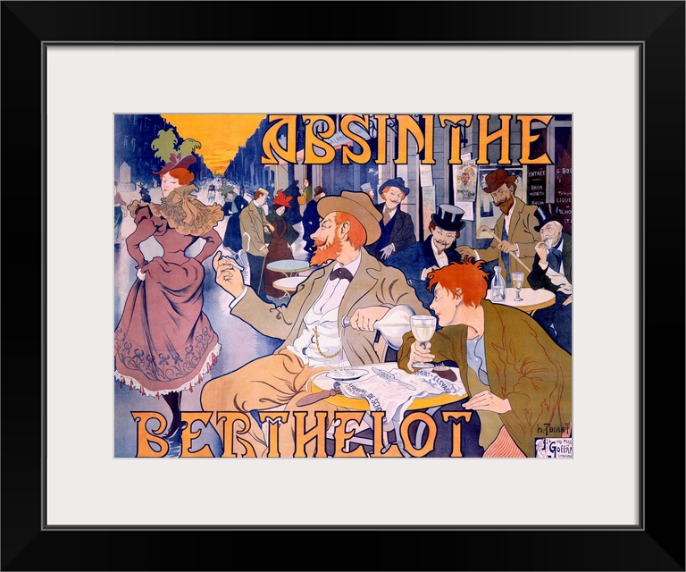 Big canvas print of a cartoon poster of men drinking in the outside area of a restaurant looking at a women in a fancy dre...