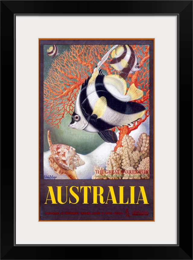 Giant, vertical vintage advertisement for the Great Barrier Reef in Australia of a large tropical fish swimming through co...