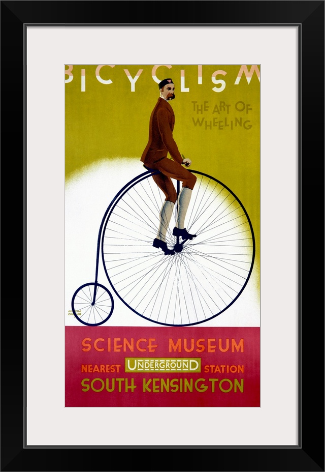 This wall art is a vintage advertising poster for an exhibit about bicycles with artwork depicting a man riding on a penny...