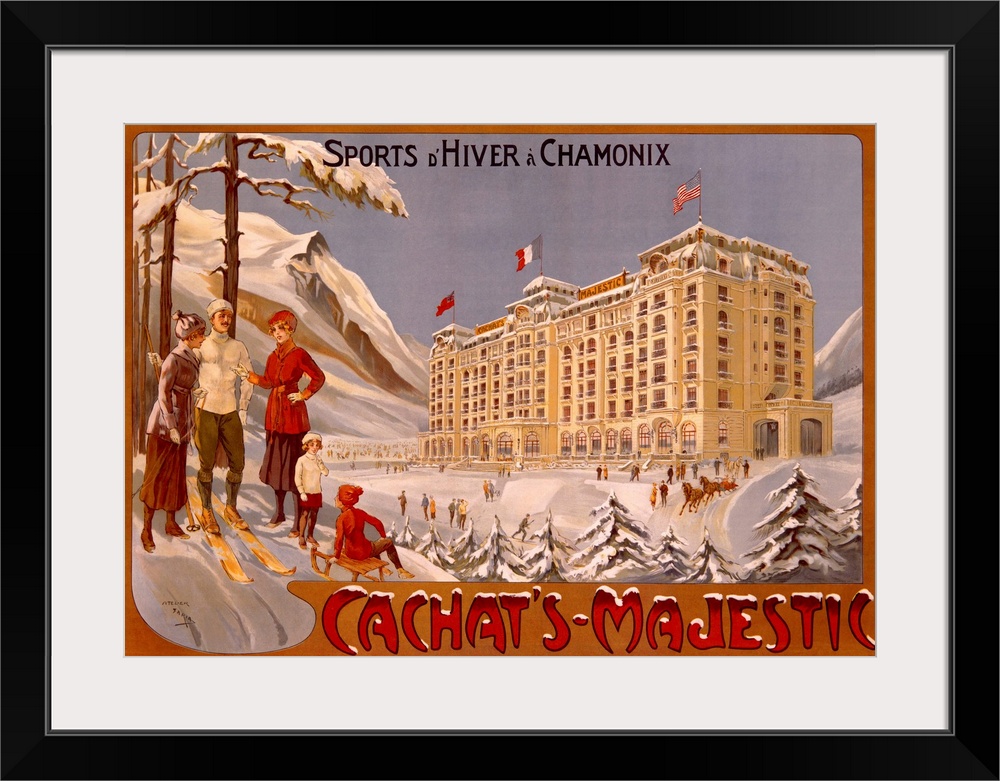 Large, landscape, vintage advertisement for Cachats Majestic, Sports dHiver a Chamonix of a large, grand hotel surrounded ...