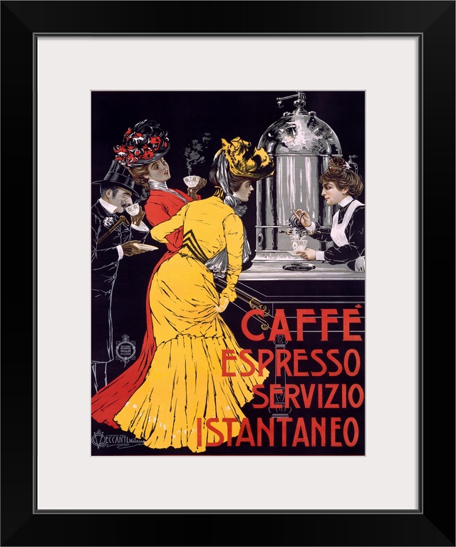 Classic advertisement for Caffe Espresso Servizio Instantaneo featuring two elegant ladies and a well-dressed man drinking...