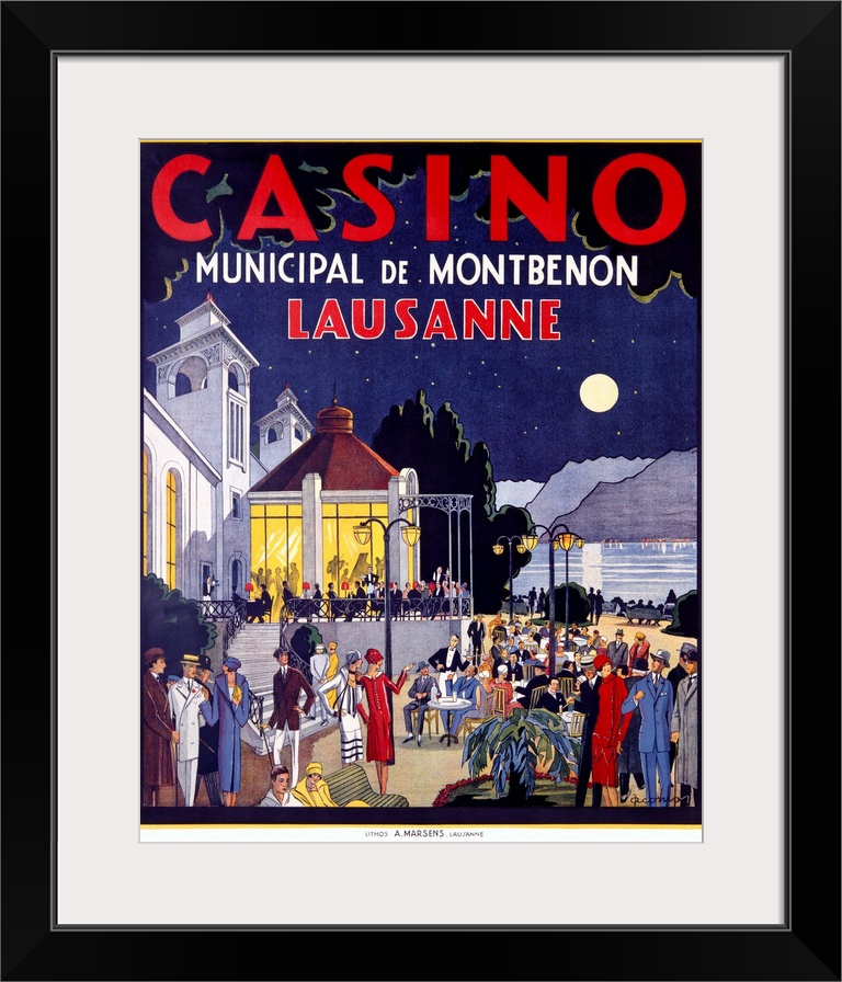 Retro poster on canvas of an advertisement for a casino with a bunch of nicely dressed people standing around outside.