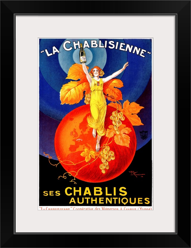 Colorful vintage advertising poster for white wine, featuring a glamorous red-headed woman standing on top of a red globe....