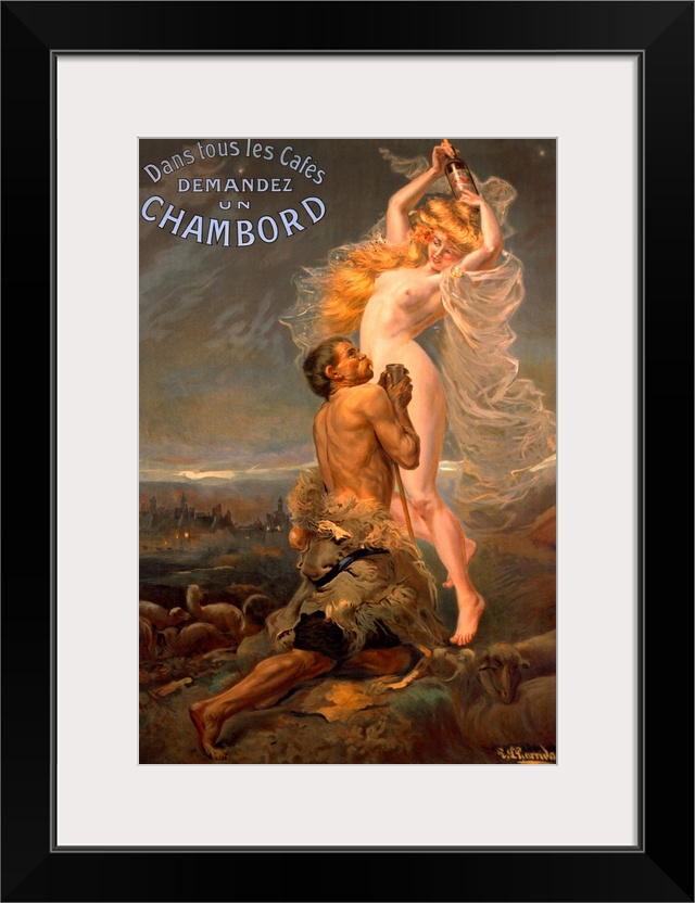 Giant vintage advertising art showcases a man begging a nude woman for some of the alcoholic beverage she holds in her han...