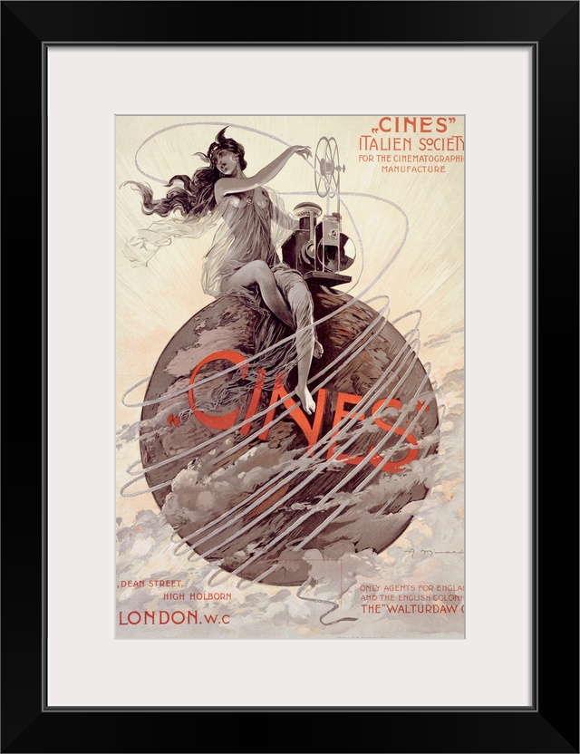 This vertical Art Deco poster advertises a cinema related event in London with an illustration of a woman seated on a glob...