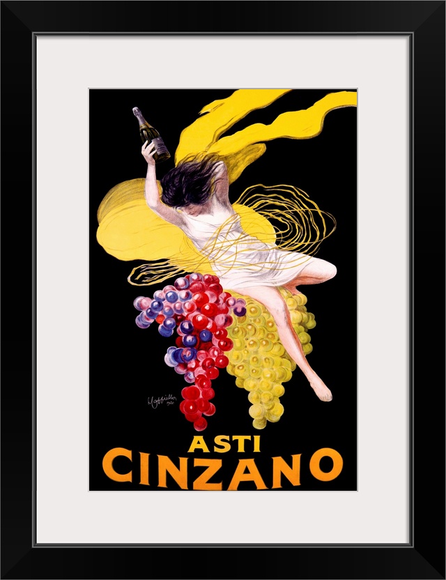 Vintage advertising poster for the Cinzano beverage, featuring a woman in a white dress atop large clusters of ripe red an...