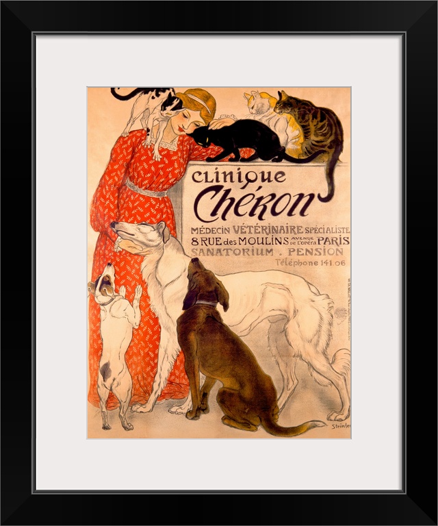 Vintage artwork that shows a woman in a red dress being loved on by both cats and dogs.