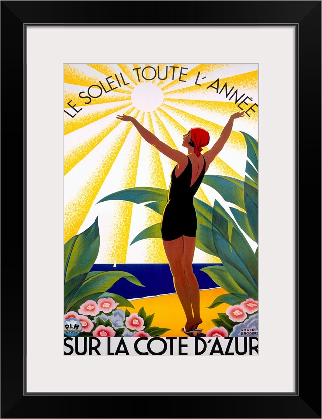 This Art Deco advertising poster shows a woman in an early 20th century swimsuit surrounded by tropical plants and raising...