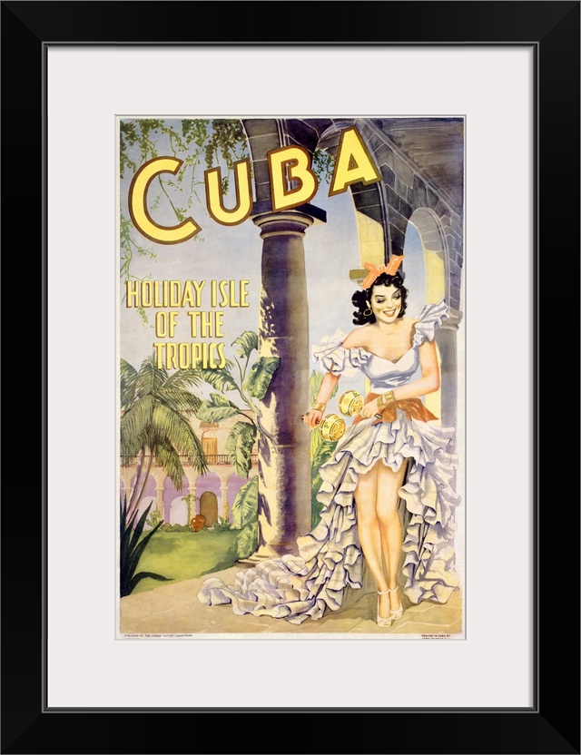 Old advertising poster with woman in ruffled dress shaking maracas with palm trees and buildings in background.