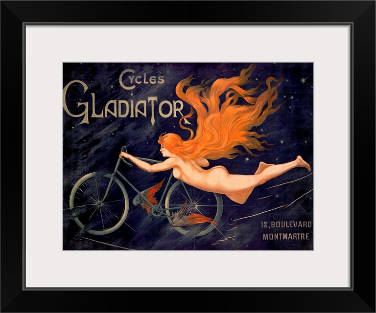 Big, horizontal, vintage wall art advertisement for Cycles Gladiator of a nude woman with long, red flowing hair, holding ...