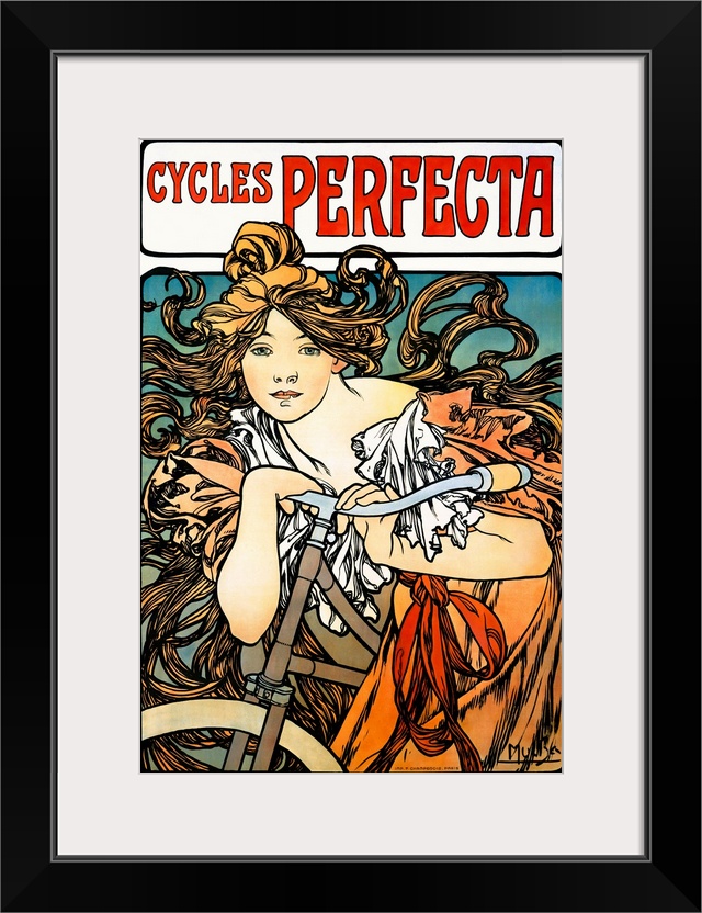 Art Nouveau poster of a beautiful female figure draped over a bicycle with flowing hair.