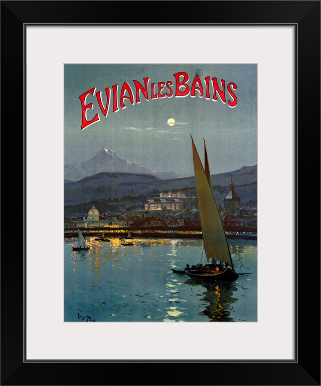 Big, vertical vintage travel advertisement for Evian les Bains of several sailboats in the moonlit waters in front of a ci...