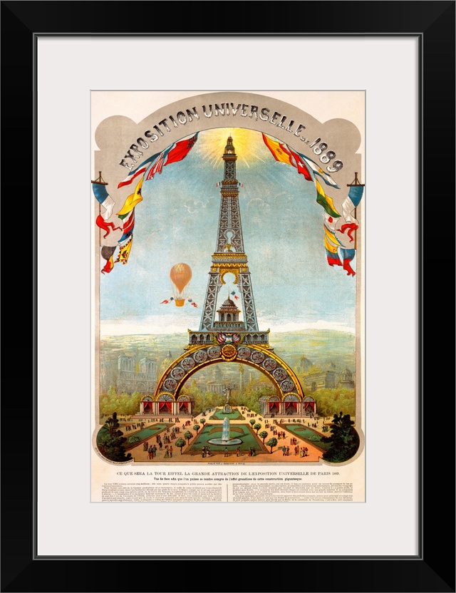 Vertical canvas print of an antique poster of the Eiffel Tower with a hot air balloon in the sky.