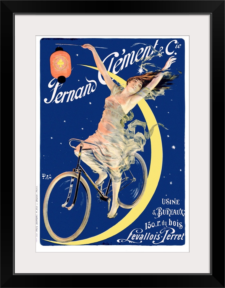 Big, vertical vintage advertisement for Fernand Clement with French text at the bottom.  A woman in a flowing dress, holdi...