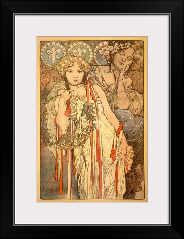 Large, vertical vintage poster art of two women in flowing dresses with elaborate hair pieces.  The woman in the foregroun...