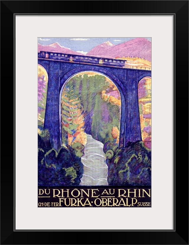 Antiqued poster of a train riding across a tall bridge over a river with colored trees and mountains in the background.