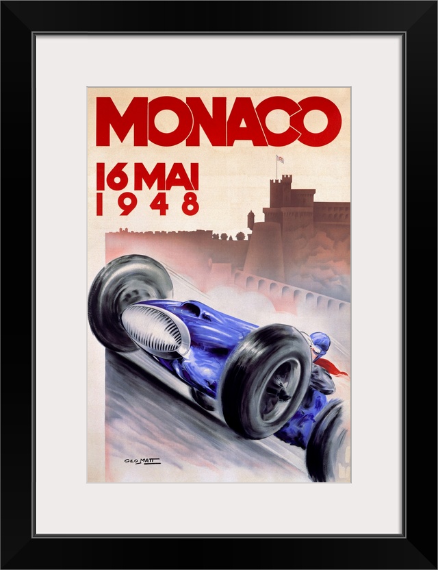 Old advertising poster for 16 Mai race with a vintage race car speeding along with the silhouette of a city in the distanc...