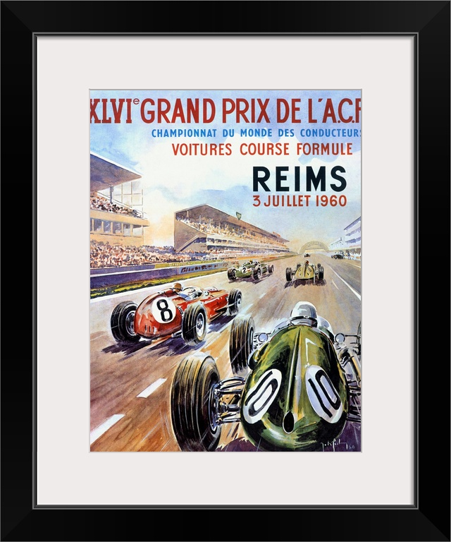 A vertical illustrated poster of race cars on a track in a stadium with a description of the race in French above the cars.
