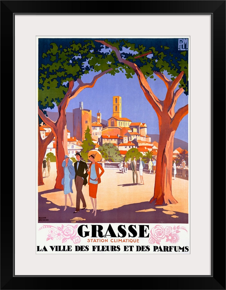 Old print advertising vacation travel.  A colorful image of a city is seen from between two huge trees in park filled with...