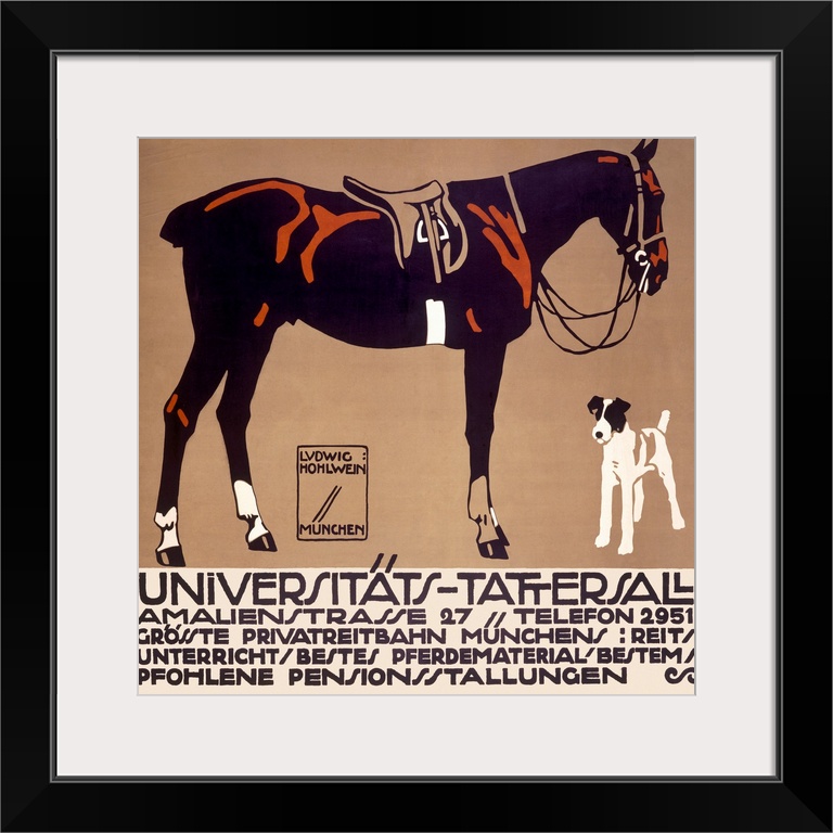 Vintage advertising poster illustrating a terrier and a horse with an English saddle and braided tail.