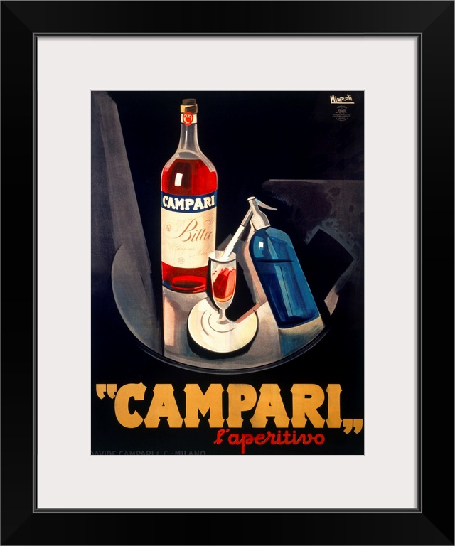 Vintage advertising poster for the Campari beverage, in bold masculine tones. Perfect for a dining room or bar area, the s...