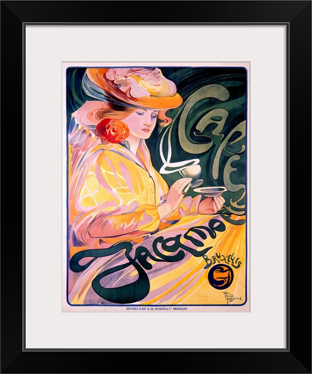 This vertical Art Nouveau advertisement with flowing hand drawn type shows a woman in an elaborate dress and hat drinking ...