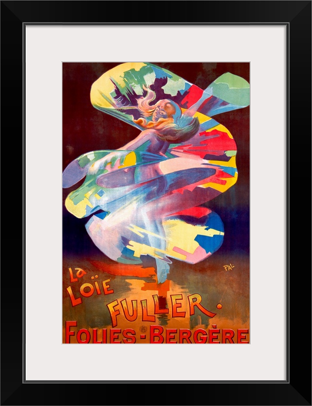 Large antique advertising art focuses on a woman draped in a lively colored dress as she whips it through the air.  Text f...